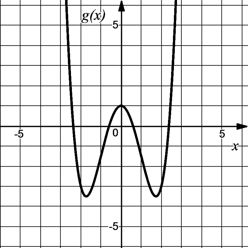The graph of \(g(x)\) is an upward-opening quartic-like curve with a local maximum near the origin and two symmetric local minima. The central peak occurs around \((0, 1)\text{.}\) The valleys are near \(x \approx -2\) and \(x \approx 2\) with values around \(y \approx -4\text{.}\) As \(|x|\) increases beyond these minima, the function rises steeply on both sides.