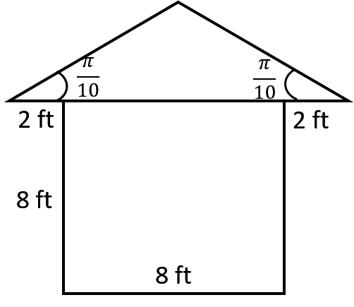 A diagram of a roof structure sitting on top of a rectangular building. The base of the building is 8 feet wide and 8 feet tall. On top of the building is an isosceles triangular roof. Each horizontal overhang from the building to the start of the slanted roof is 2 feet. The left and right roof angles are each pi over ten radians.