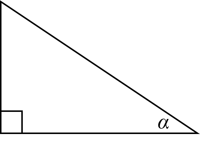 A right triangle with a square in the lower left hand corner and an alpha symbol labeling the right vertex.