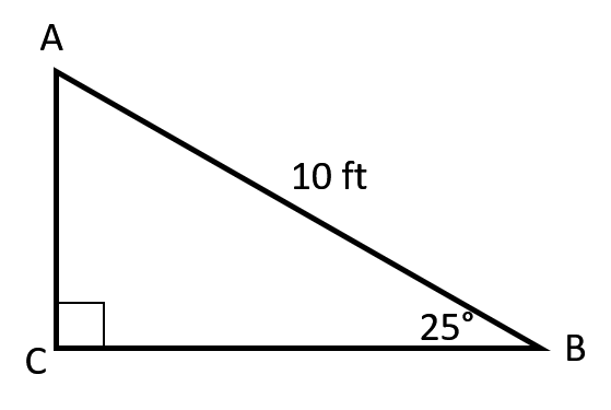 A right triangle labeled ABC with the right angle at vertex C. The hypotenuse AB is labeled 10 feet, and angle B is labeled 25 degrees.