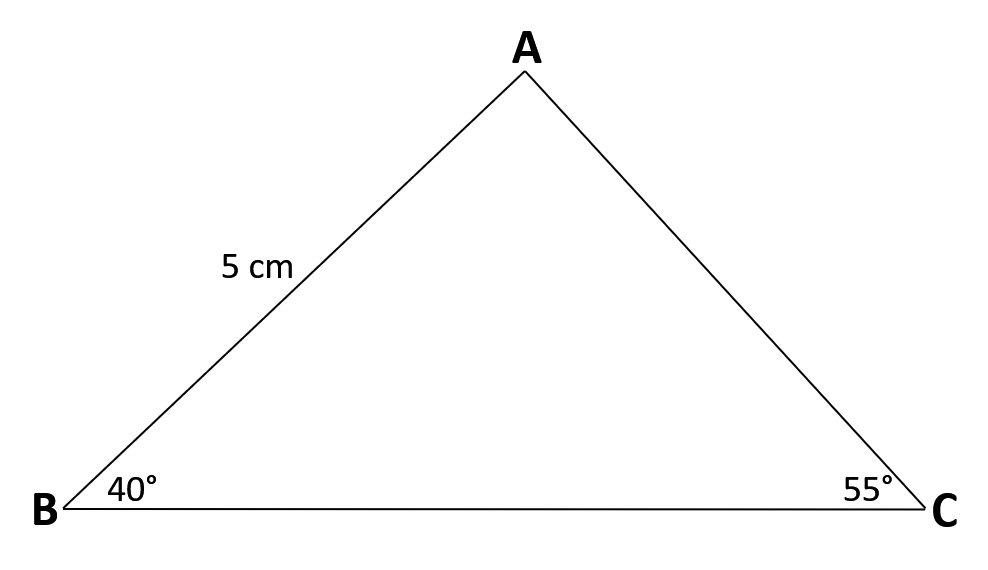 A triangle labeled ABC with vertex A at the top, B on the left, and C on the right. The base BC is horizontal. Angle B is labeled 40 degrees, angle C is labeled 55 degrees, and the side from B to A is labeled 5 centimeters.