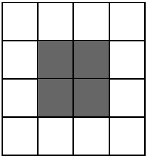 A 4×4 grid with a centered 2×2 block of dark shaded squares.