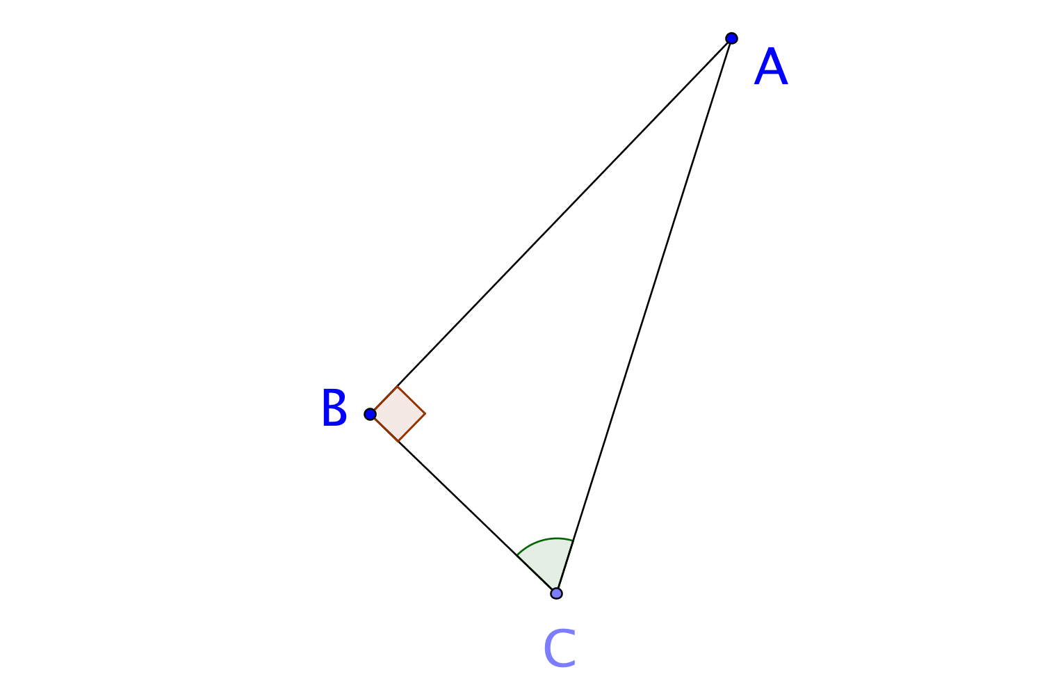 A right triangle with the right angle at B. A is a vertex of the triangle on the top right and C is a vertex of the triangle on the lower right.
